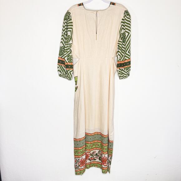 NWT Anthropologie Farm Rio Palm Tree V Neck Puff Sleeve Cut Out Waist Midi Dress - Picture 14 of 15